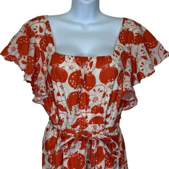 ModCloth Short Flutter Sleeve Orange and Cream Apples Dress Square Neckline XL - Picture 5 of 14